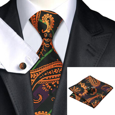 

N-0274 Vogue Men Silk Tie Set Orange Paisley Necktie Handkerchief Cufflinks Set Ties For Men Formal Wedding Business wholesale
