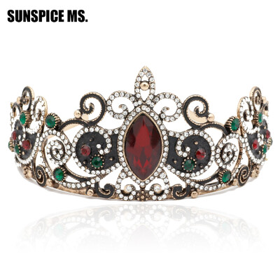 

Vintage Ancient Princess Crown Women Tiaras Red Resin Flower Hair Jewelry Antique Gold Crystal Vines Ethnic Miss Beauty Crown