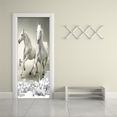 

Modern Art Wallpaper 3D Wall Mural White Horse Broken Wall PVC Self Adhesive Wallpaper Living Room Door Sticker Decor 77cmx200cm