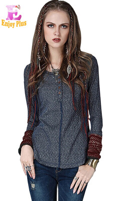 

High Quality chest 88cm vintage cotton new autumn 2017 gray knitted long sleeve blouse women slim shirt print top casual lady