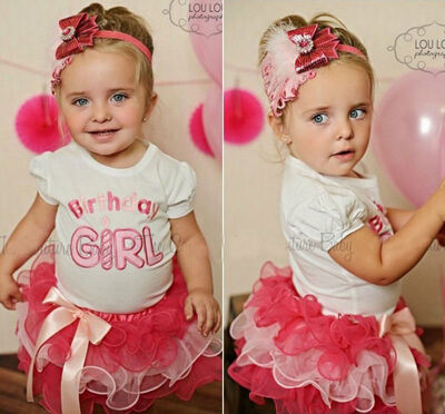 

CANIS@2017 Baby Girls Birthday Party Tops T-shirt Layered Ribbon Pink Tutu Skirt 0~3Y