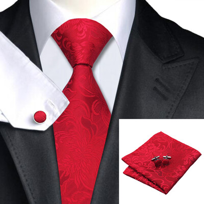 

N-0306 Vogue Men Silk Tie Set Red Floral Necktie Handkerchief Cufflinks Set Ties For Men Formal Wedding Business wholesale