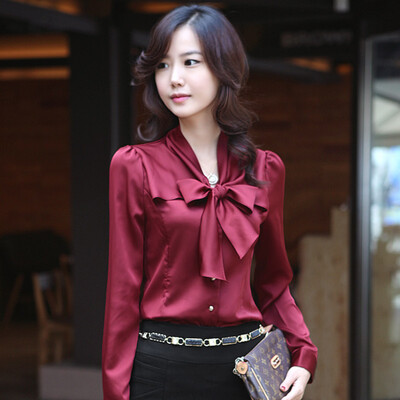 

Women Chiffon Blouse Soid Color shirt female wild Slim shirt with a V neck shirt collar women L24