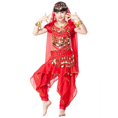 

Children Indian Dance 5-piece Set Costume Top, Belt, Pants and Head Pieces Coin Bracelets Bollywood Dance Costumes for Kids