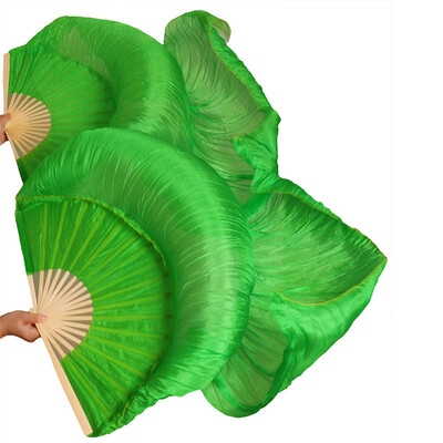 

2017 Newest Handmade Bamboo Ribs Dance Props Silk Belly Dance Fans Natural Silk 1 Pc Left hand1 Pc Right Hand Silk Fans Green