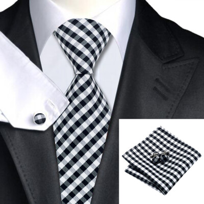 

N-1040 Vogue Men Silk Tie Set White Plaids Necktie Handkerchief Cufflinks Set Ties For Men Formal Wedding Business wholesale