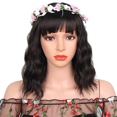 

Synthetic Wig Short Hair Wigs With Bangs Water Wave Black For Women High Temprerature Fiber