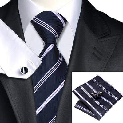 

N-0634 Vogue Men Silk Tie Set Black Stripe Necktie Handkerchief Cufflinks Set Ties For Men Formal Wedding Business wholesale