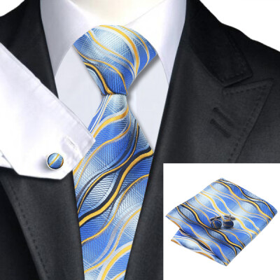 

N-1084 Vogue Men Silk Tie Set Blue Novelty Necktie Handkerchief Cufflinks Set Ties For Men Formal Wedding Business wholesale