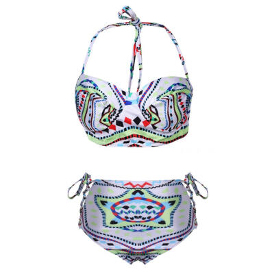 

CANIS@Fashion Women's Laced- up High Waist Printed Bikini Set Swimwear Beachwear