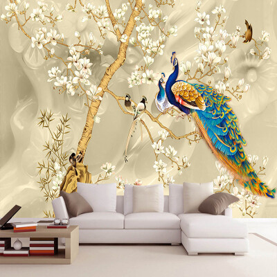 

Custom Mural Wallpaper 3D Stereo Magnolia Flowers Peacock Wall Painting Living Room TV Sofa Background Wall Papers For Walls 3 D