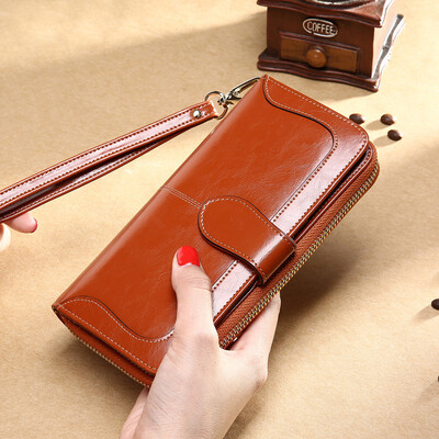 

Viney ladies wallet female long section large capacity European&American womens clutch bag oil wax leather handbag female brown