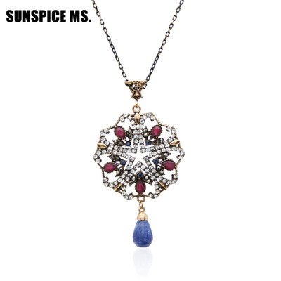 

Full Crystal Turkish Women Round Necklaces Antique Resin Jewelry Water Drop Pendant Thin Chain Vintage Flower Wedding Bijoux