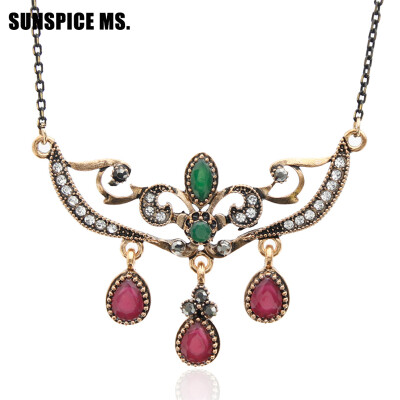 

Simple Style Vintage Turkish Women Flower Pendant Necklaces Antique Gold Color Water Drop Resin Indian Wedding Bridal Jewelry