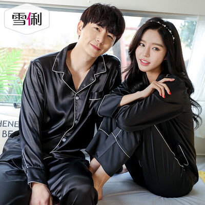 

Snowy spring long-sleeved couple pajamas luxury loose women South Korea silk home service thin section mens cardigan suit female models black