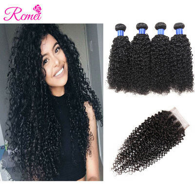 

Rcmei Hair 8A Top Grade Kinky Curly Brazilian Hair 4 Bundles With 4x4 Closure Virgin Human Hair Extension Bundles