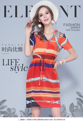 

Fashion Ladies 2017 Summer Silk Print V Collar Waist Skirt Lace Up Short Sleeved Dress