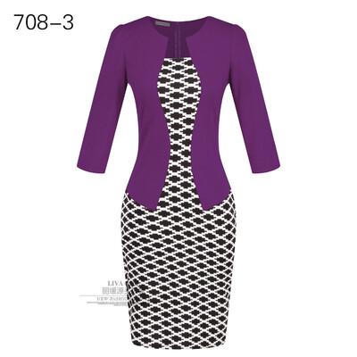 

Women Work Dress Longsleeve Spring new European station grid Pencil Skirt fake two Professional dress L13