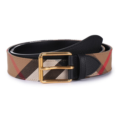

BURBERRY Burberry Mens Black Fabric with Leather Plaid Gold Old-fashioned Buckle Belt Belt 40414281 105