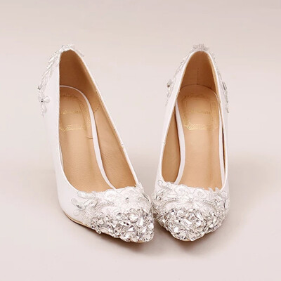 

White Lace Rhinestone Sparkles High Heel Ladies Wedding Shoes