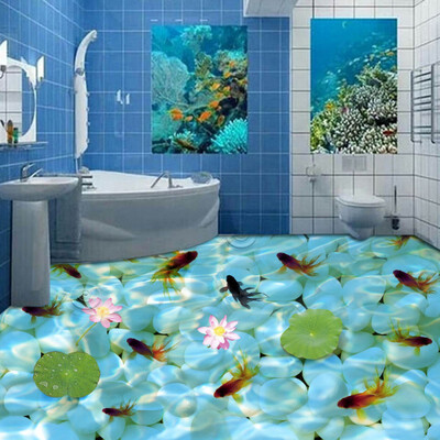 

Free Shipping pebble carp lotus leaf fish floor wallpaper shopping mall bathroom waterproof self-adhesive floor mural 250cmx200cm