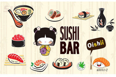 

Photo wallpaper 3D cartoon hand-painted Hot pot shop Japanese food sushi ladies large mural wallpaper