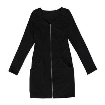 

Lovaru ™New Women Summer European Style V-Neck Casual Long Sleeve Zipper Dress Fashion Black Dark Grey Colors Dress