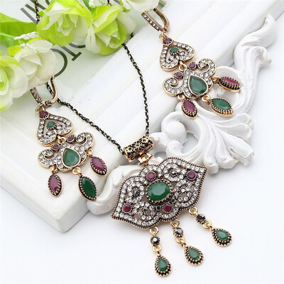 

Ethnic Women Turkish Lock Tewelry Sets Antique Gold Color Rhinestone Princess Hook Earrings Resin Necklace Ladies Vintage Gift