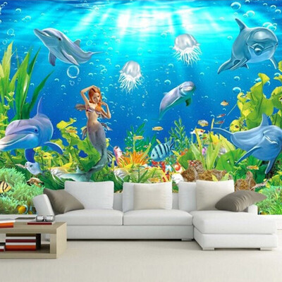

Обои для рабочего стола соломы Mermaid Dolphins Подводный мир Гостиная Диван ТВ-фон Фото обои для спальни для спальни 3D