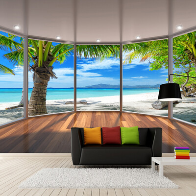 

Пользовательские фото стены Бумага 3D стереоскопические балкон окна Beach Coconut Деревья Декорации 3D фон стены украшения Mural обои