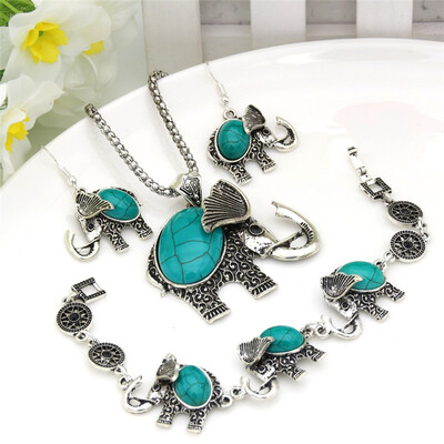 

Bohemia Women Vintage Silver Color Elephant Jewelry Sets Thailand Animal Long Necklace Flower Bracelet Hook Earrings Indian Set