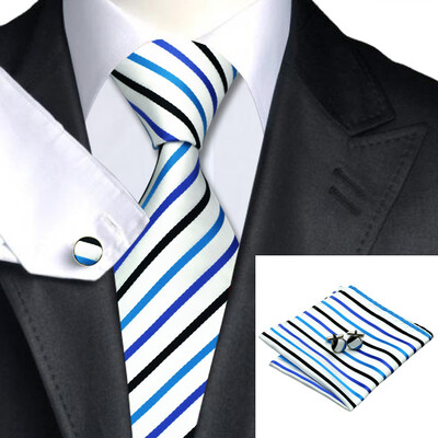 

N-0290 Vogue Men Silk Tie Set Blue Stripes Necktie Handkerchief Cufflinks Set Ties For Men Formal Wedding Business