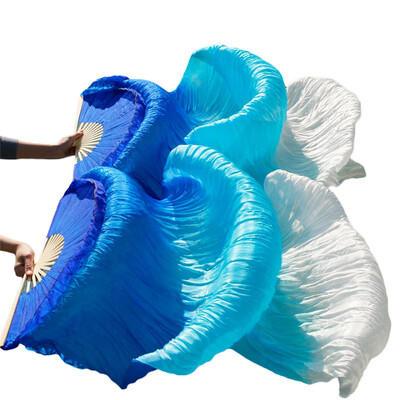 

High selling 100 Real Silk Veils 1 Pair handmade women Quality Silk Belly Dance Fan royal blue turquoise white 18090 cm