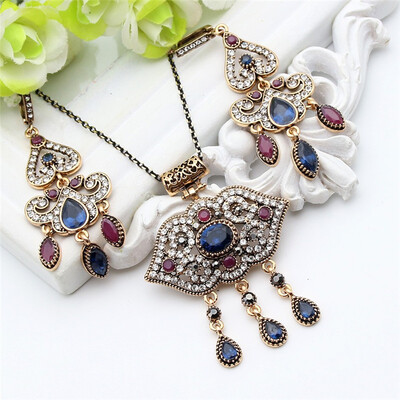 

Ethnic Women Turkish Lock Tewelry Sets Antique Gold Color Rhinestone Princess Hook Earrings Resin Necklace Ladies Vintage Gift