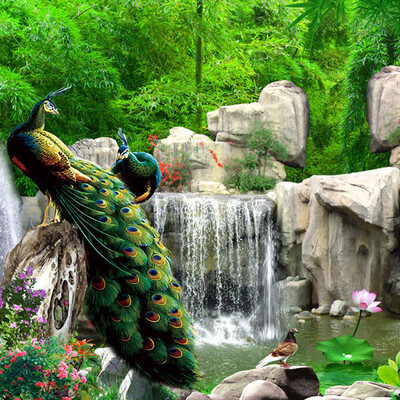 

3D Wall Mural Natural Scenery Wallpaper Landscape Bamboo Forest Falls Peacock Bedding Room 3D Non-woven Wall Paper TV Background