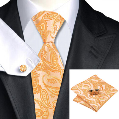 

N-1067 Vogue Men Silk Tie Set Orange Paisley Necktie Handkerchief Cufflinks Set Ties For Men Formal Wedding Business wholesale