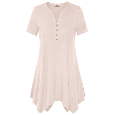 

Timeson Womens Casual Solid Basic V Neck Short Sleeve Handkerchief Henley Long Tunic Tops Button Irregular Hem Formal Cute Sexy T
