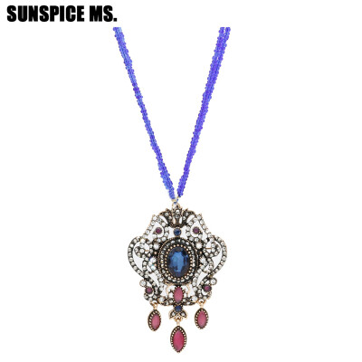 

Elegent Vintage Turkish Women Seed Bead Flower Pendant Necklace Sets Antique Resin Indian Ethnic Wedding Retro Strand Jewelry