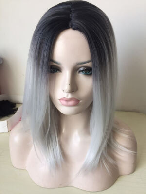 

Qianbaihui Ombre Grey Wig Synthetic Short Straight Cosplay Or Party African American Bob Wigs For Women 2 Tone Black To Gray Color