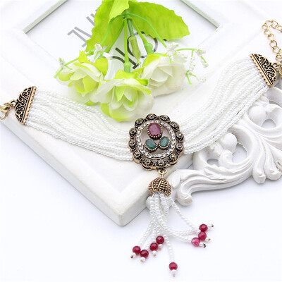

Vintage Beaded Bracelet Women Flower Round Resin Jewelry MultiChain Beads Bracelets Antique Gold Color Gypsy Bride Jewelry Gift