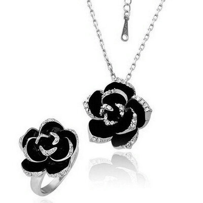 

Yoursfs® 18K White Gold Plated Black Flower Necklace&Ring Set Use Austrian Crystal Fashion Jewelry Set