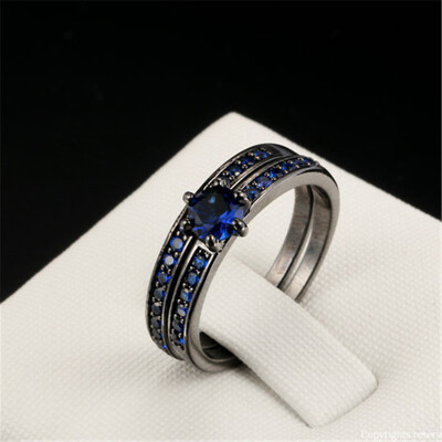 

Black Gold Color Vintage Bijoux Fashion Ring Blue CZ Crystal Inlay Party Ring Set For Women As Chirstmas Gift R487