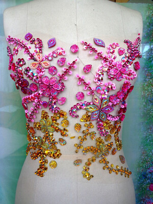 

hot saleHandmade pinkgolden crystal patches sew on Rhinestones applique with stones sequins beads 3127cm for dress