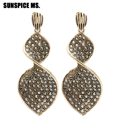 

Fashion Bohemia Women Ethnic long Drop Earrings Antique Rhinestone Big Leaf Dangle Earring Elegent Turkish Inida Wedding Jewelry