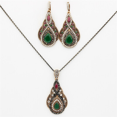 

Vintage Turkish Women Long Hook Dangle Earring Water Drop Pendant Necklace Jewelry Sets Antique Gold Color Resin Ethnic Bijoux