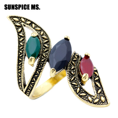 

Fashion 2017 Vintage Big Ring Antique Gold Color Mosaic Colorful Resin Rings For Women Size 6 7 8 9 10 Turkish Jewelry