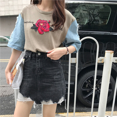 

Ripped Hole Sleeved Women T Shirt Summer Harajuku Women Tops Casual Loose Elegant T-shirt Rose Letter Embroidered Women Clothing