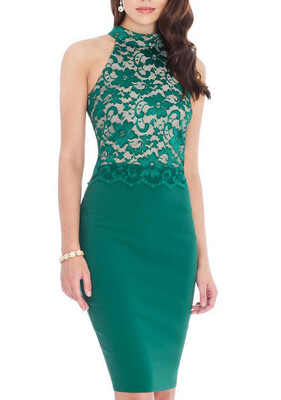 

Bigood Womens Chic Halter Neck Lace Embroider Bodycon Skirt Midi Dress