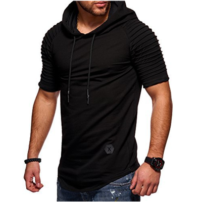 

Summer Mens Casual Tops Fashion Short Sleeved T-shirt Solild Color Fold Round Neck Hooded Pullovers Clothes Mens T-shirt