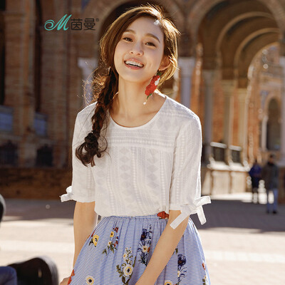 

INMAN 2018 summer new literary embroidery bow in the sleeves shirt shirt female 1882012558 white XL
